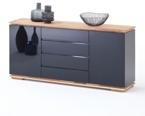 Sideboard Chiaro schwarz Hochglanz Lack und Eiche / Asteiche massiv gelt Kommode 172 x 81 cm