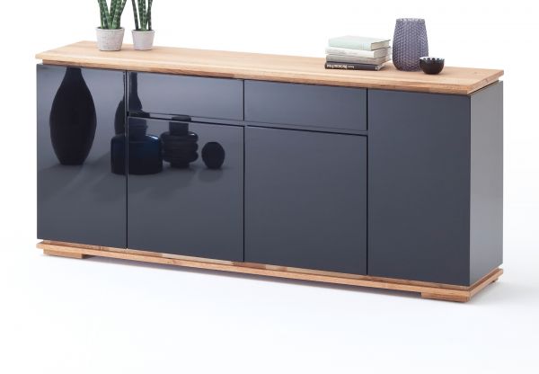 Sideboard Chiaro schwarz Hochglanz Lack und Eiche / Asteiche massiv gelt Kommode 182 x 81 cm