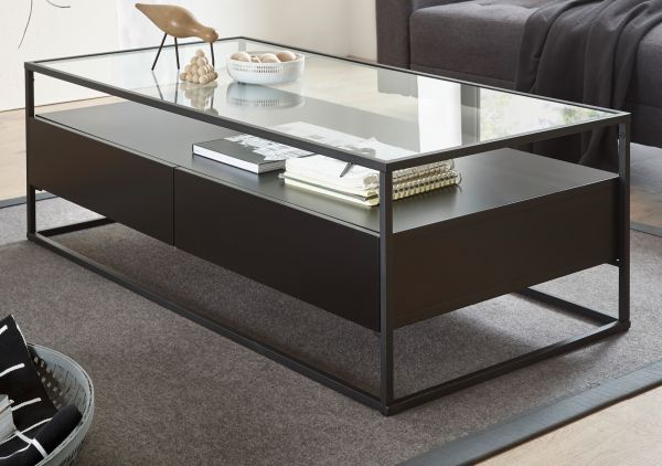 Couchtisch Evora schwarz matt mit Metallgestell und Glasplatte 120 x 60 cm