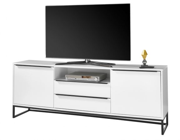 TV-Lowboard Lille wei matt lackiert Fernsehtisch mit Metallgestell schwarz 184 x 69 cm TV in Komforthhe