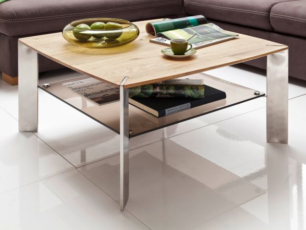 Couchtisch Nelia in Asteiche massiv mit Glasablage und Edelstahl Beistelltisch quadratisch 80 x 80 cm