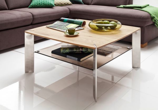 Couchtisch Nelia in Asteiche massiv mit Glasablage und Edelstahl Beistelltisch quadratisch 80 x 80 cm