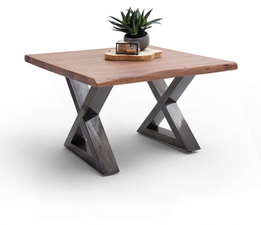 Couchtisch Cartagena in Akazie massiv Walnussfarben lackiert Beistelltisch mit Metallgestell Antik gewischt 75 x 75 cm