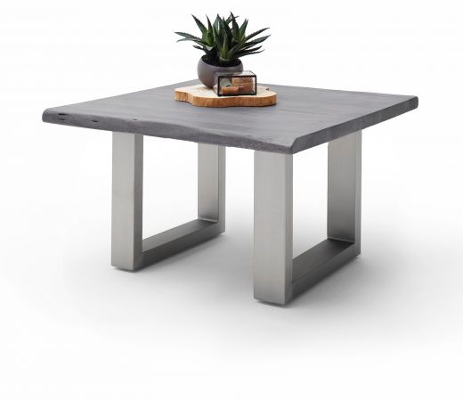 Couchtisch Cartagena in Akazie massiv grau lackiert Beistelltisch mit Edelstahl 75 x 75 cm Kufentisch