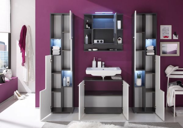 Badezimmer Hochschrank Tetis in wei Hochglanz und Graphit grau Badschrank 40 x 180 cm