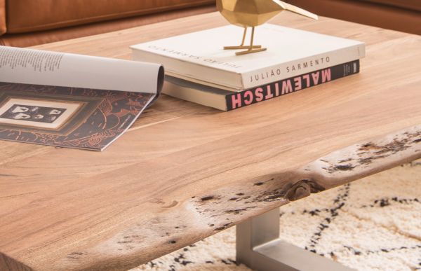 Couchtisch Cartagena in Akazie massiv lackiert Beistelltisch mit Edelstahl 110 x 70 cm Kufentisch