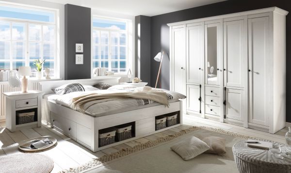 Schlafzimmer komplett Hooge in Pinie wei Landhaus Komplettzimmer mit Doppelbett, Kleiderschrank und 2 x Nachttisch