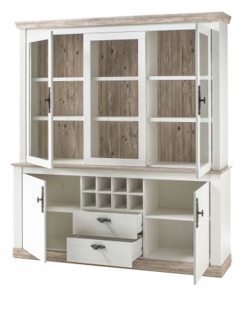 Buffetschrank Rovola in Pinie wei / Oslo Pinie Landhaus Vitrinenschrank mit Weinregal 184 x 205 cm