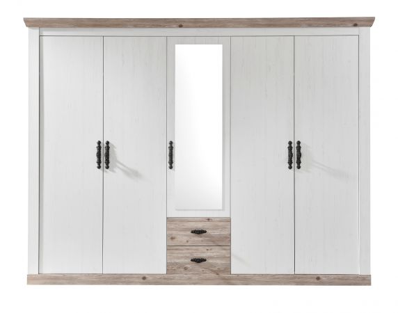 Kleiderschrank Rovola in Pinie wei / Oslo Pinie Landhaus Drehtrenschrank 5-trig mit Spiegel 265 x 201 cm