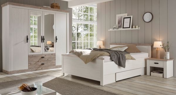 Schlafzimmer komplett Rovola in Pinie wei / Oslo Pinie Landhaus Komplettzimmer mit Bett, Kleiderschrank und 2 x Nachttisch