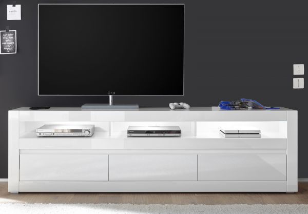 TV-Lowboard Nobile in Hochglanz wei und Stone Design grau TV-Unterteil in Komforthhe 217 x 63 cm