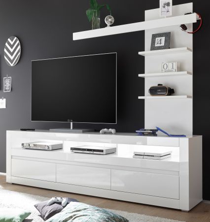 TV-Lowboard Nobile in Hochglanz wei und Stone Design grau TV-Unterteil in Komforthhe 217 x 63 cm
