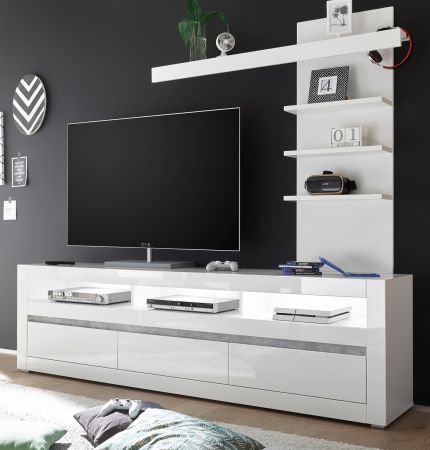 TV-Lowboard Nobile in Hochglanz wei und Stone Design grau TV-Unterteil in Komforthhe 217 x 63 cm