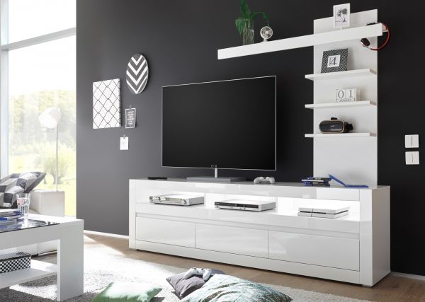 TV-Lowboard Nobile in Hochglanz wei und Stone Design grau TV-Unterteil in Komforthhe 217 x 63 cm