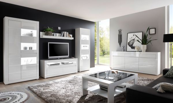 TV-Lowboard Nobile in Hochglanz wei und Stone Design grau TV-Unterteil in Komforthhe 217 x 63 cm