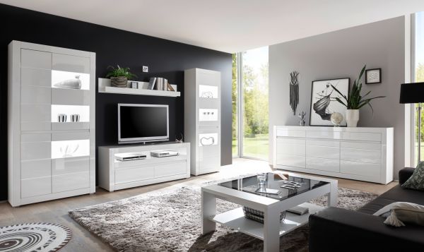 Sideboard Nobile in Hochglanz wei und Stone Design grau Kommode 217 x 90 cm