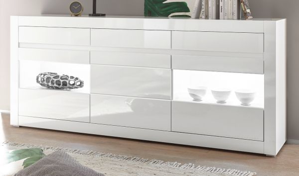 Sideboard Nobile in Hochglanz wei und Stone Design grau Kommode 217 x 90 cm