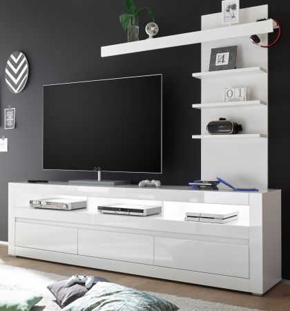 Wohnwand 2-tlg. Nobile in Hochglanz wei und Stone Design grau TV-Lowboard und Wandregal 217 x 163 cm