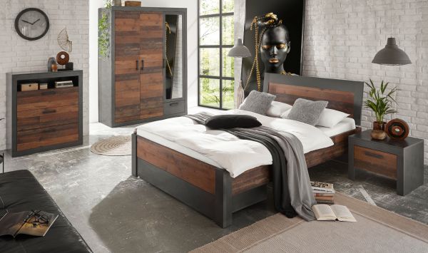 Schlafzimmer komplett Ward in Old Used Wood Shabby Design mit Matera grau Komplettzimmer mit Bett, Bettschubkasten, Kleiderschrank, Kommode und Nachttisch