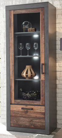 Vitrine Ward in Old Used Wood Shabby Design mit Matera grau Vitrinenschrank 65 x 201 cm