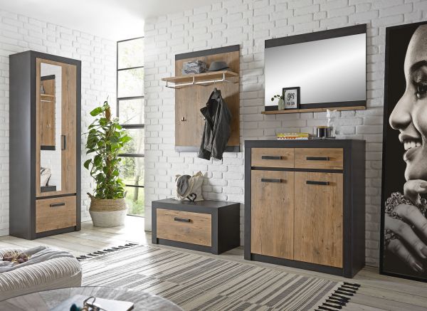 Garderobenkombination Beveren in Kastanie und Fresco grau Garderobe Set 5-teilig 277 x 200 cm