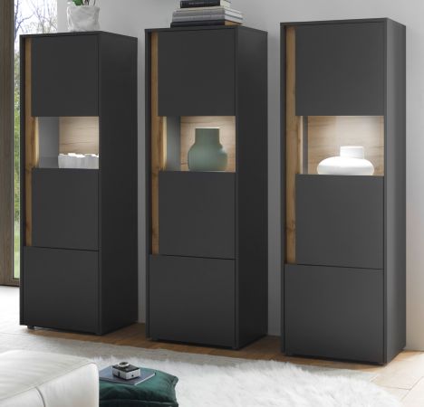 Schrank Set 3-teilig Center in grau matt und Wotan Eiche Wohnkombination 3 x Vitrine 190 x 155 cm