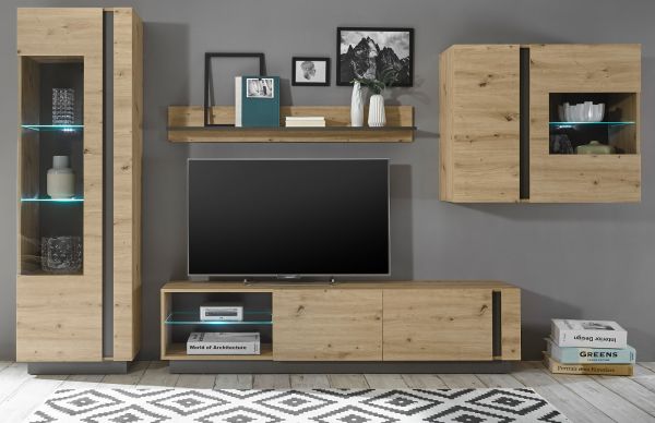 Vitrine Louna in Eiche Artisan und Graphit grau Wohnzimmer Vitrinenschrank hngend 97 x 83 cm Hngeschrank
