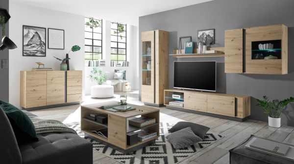 Vitrine Louna in Eiche Artisan und Graphit grau Wohnzimmer Vitrinenschrank hngend 97 x 83 cm Hngeschrank