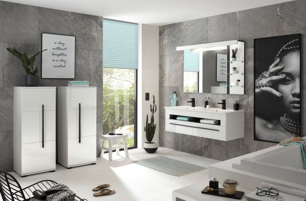 Badezimmer Midischrank Design-D in wei� Hochglanz Badm�bel Kommode 45 x 126 cm