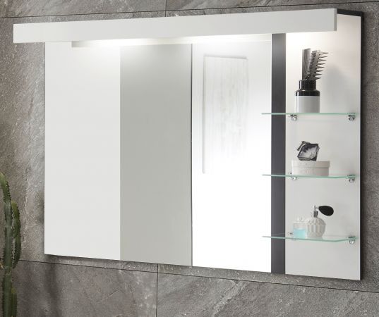 Badezimmer Spiegel Design-D in wei Hochglanz und schwarz Badspiegel mit Ablage und LED Beleuchtung 120 x 85 cm