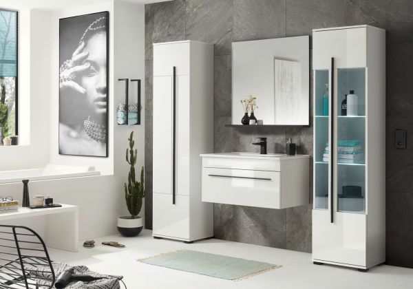 Badm�bel Set Design-D in wei� Hochglanz und schwarz Badkombination MIT Waschbecken 135 x 200 cm