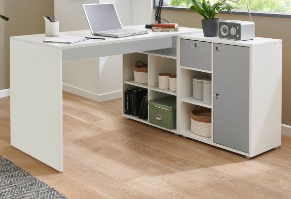Schreibtisch in wei und grau Winkelschreibtisch abschliebar fr Homeoffice und Bro 138 x 138 cm Eckschreibtisch