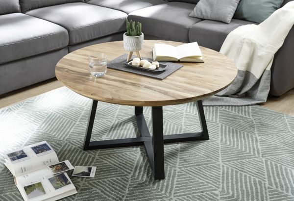 Couchtisch Safaga in Akazie massiv lackiert Beistelltisch mit Metallgestell schwarz 90 cm 