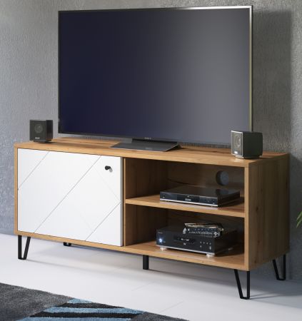 TV-Lowboard Touch in wei matt mit Rautenoptik und Eiche Artisan TV-Unterteil 123 cm