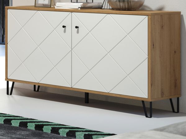 Kommode Touch in wei matt mit Rautenoptik und Eiche Artisan Sideboard 123 cm