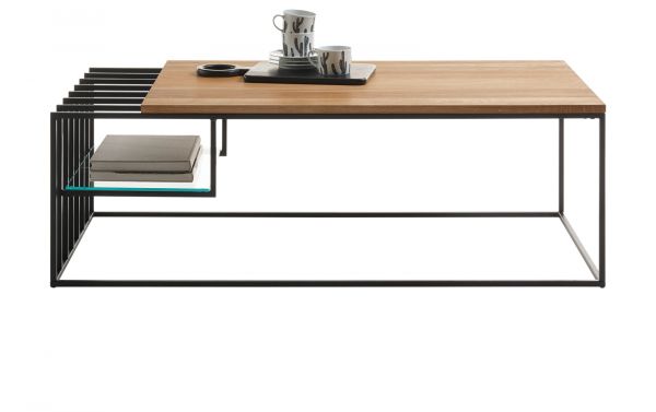 Couchtisch Juba in Eiche massiv gelt und Metallgestell schwarz Beistelltisch 120 x 60 cm