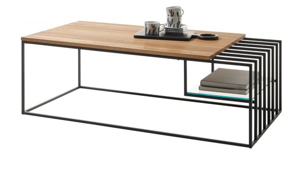 Couchtisch Juba in Eiche massiv gelt und Metallgestell schwarz Beistelltisch 120 x 60 cm