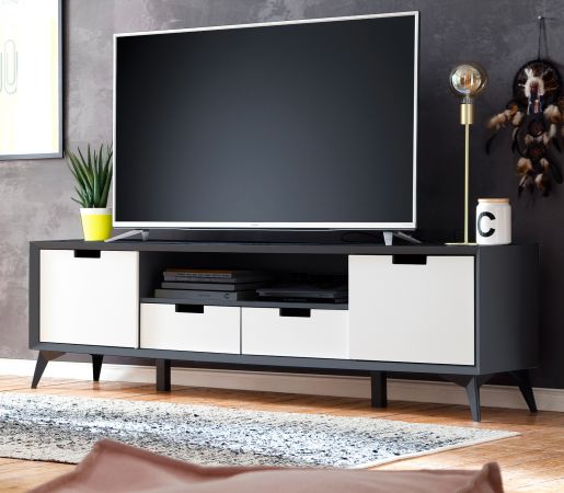 TV-Lowboard Netanja in grau und wei matt lackiert TV Board mit Wechselfronten und Tren 180 drehbar 180 x 55 cm