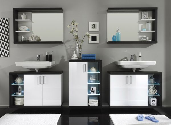 Hochschrank als Hngeschrank wei Hochglanz und grau Sardegna Rauchsilber Badschrank Sunrise 60 cm