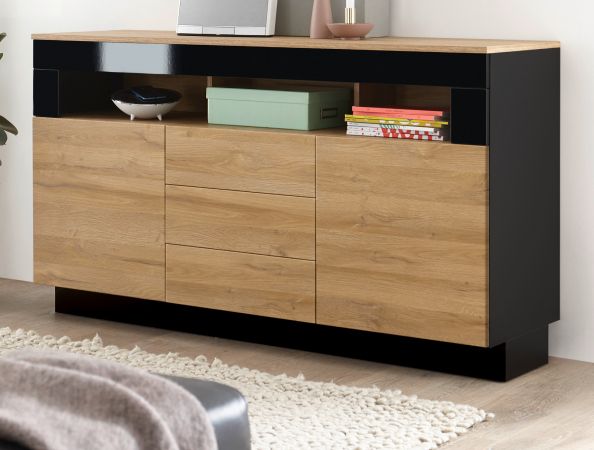 Sideboard Savanna in Grandson Eiche und schwarz Hochglanz Kommode 149 x 85 cm