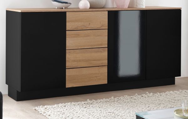 Sideboard Savanna in schwarz Hochglanz und Grandson Eiche Kommode 181 x 85 cm