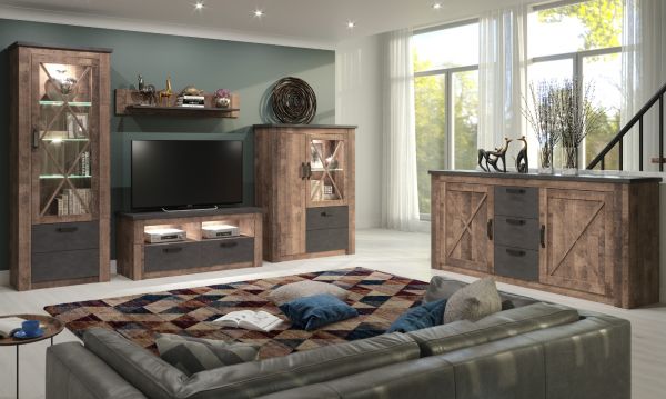 Vitrine Georgia in Eiche Tabak und Matera grau Highboard 114 x 142 cm