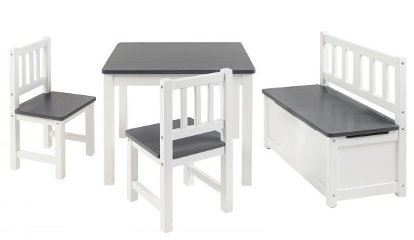 BOMI Kindersitzgruppe Anna in wei und grau Sitzgruppe Kindertisch, Truhenbank und 2 x Stuhl