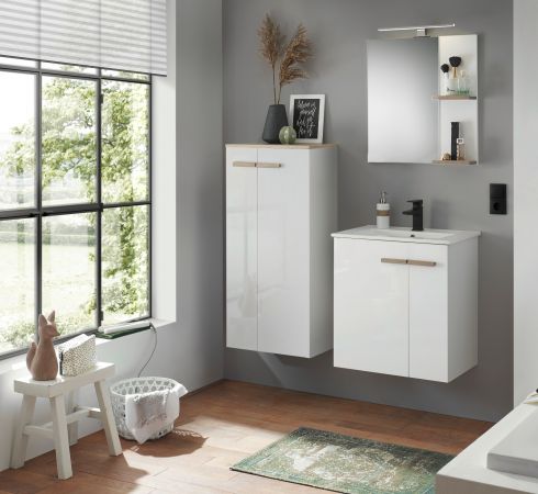 Badmbel Set Dense in wei Lack Hochglanz und Eiche Badkombination MIT Waschbecken und Badlampe 60 x 200 cm