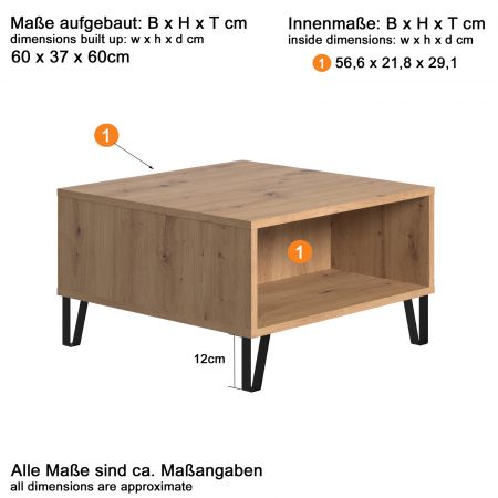 Couchtisch Touch in Eiche Artisan Beistelltisch quadratisch mit Ablage 60 x 60 cm