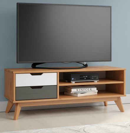 TV-Lowboard Scandik in Massivholz Kiefer honigfarben lackiert mit wei und grau TV Unterteil 110 x 42 cm