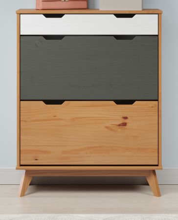 Schuhschrank Scandik in Massivholz Kiefer honigfarben lackiert mit wei und grau Schuhkipper 80 x 101 cm