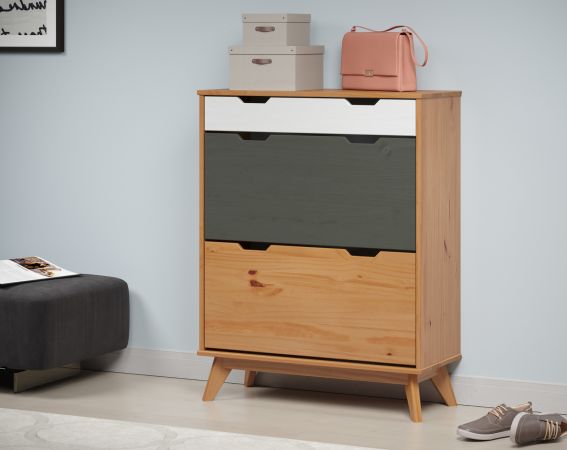 Schuhschrank Scandik in Massivholz Kiefer honigfarben lackiert mit wei und grau Schuhkipper 80 x 101 cm