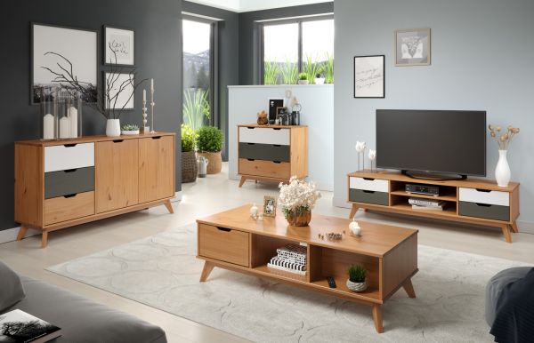 Schuhschrank Scandik in Massivholz Kiefer honigfarben lackiert mit wei und grau Schuhkipper 80 x 101 cm