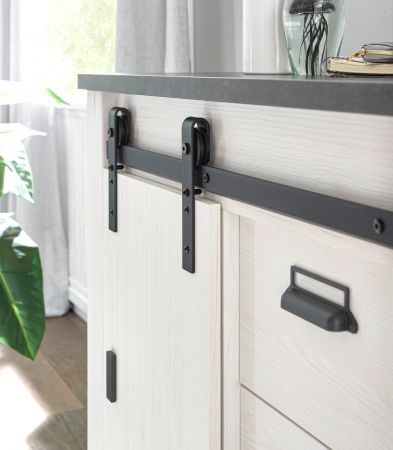 Brombel komplett Set Stove in wei Pinie und anthrazit Landhaus mit Aktenregal, Kommode und Wandregal
